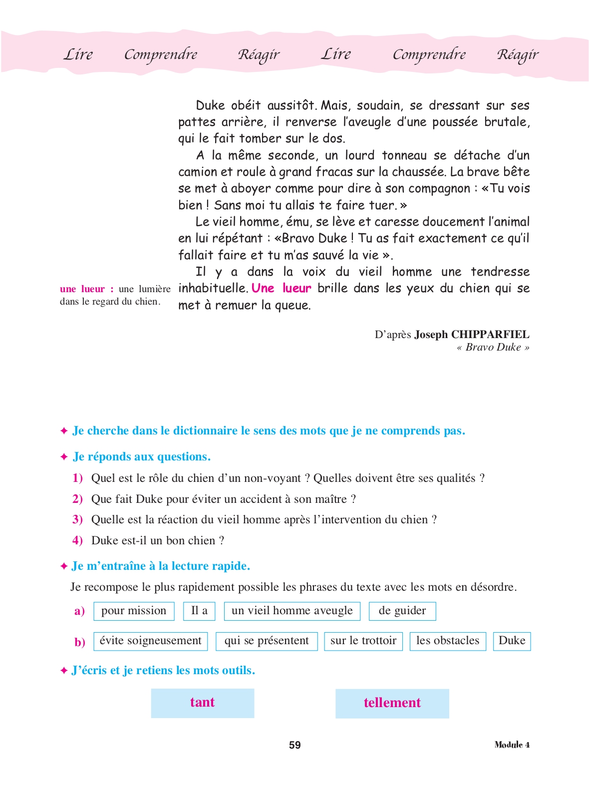 Page 59 du manuel : suite du texte, questions de compréhension et lecture rapide